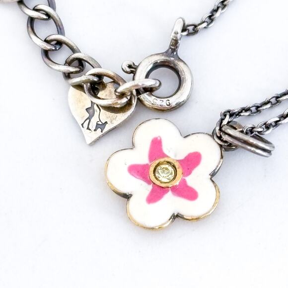 Vintage Sterling Silver 925 Crystal Pink Enamel Flower Pendant Necklace 14”-16” - Picture 2 of 6